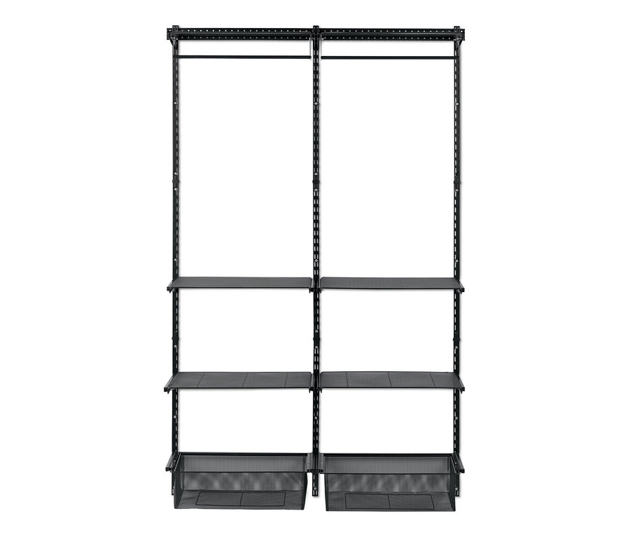 Schwarzes Wand-Regalsystem mit Regalböden und Kleiderstangen.