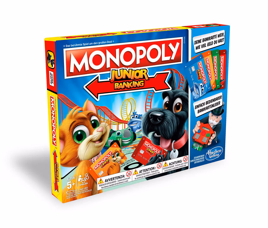 Verpackung von Hasbro »Monopoly Junior-Banking« mit Comic-Tierbildern.