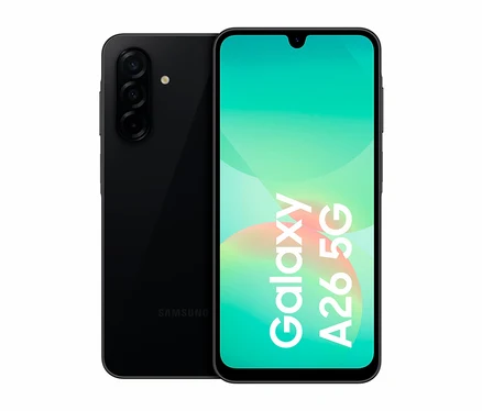 Schwarzes Samsung Galaxy A26 5G mit 128 GB Speicher.