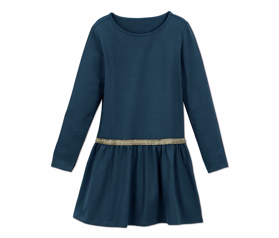 Dunkelblaues Jerseykleid mit langen Ärmeln und goldenem Band in der Taille.
