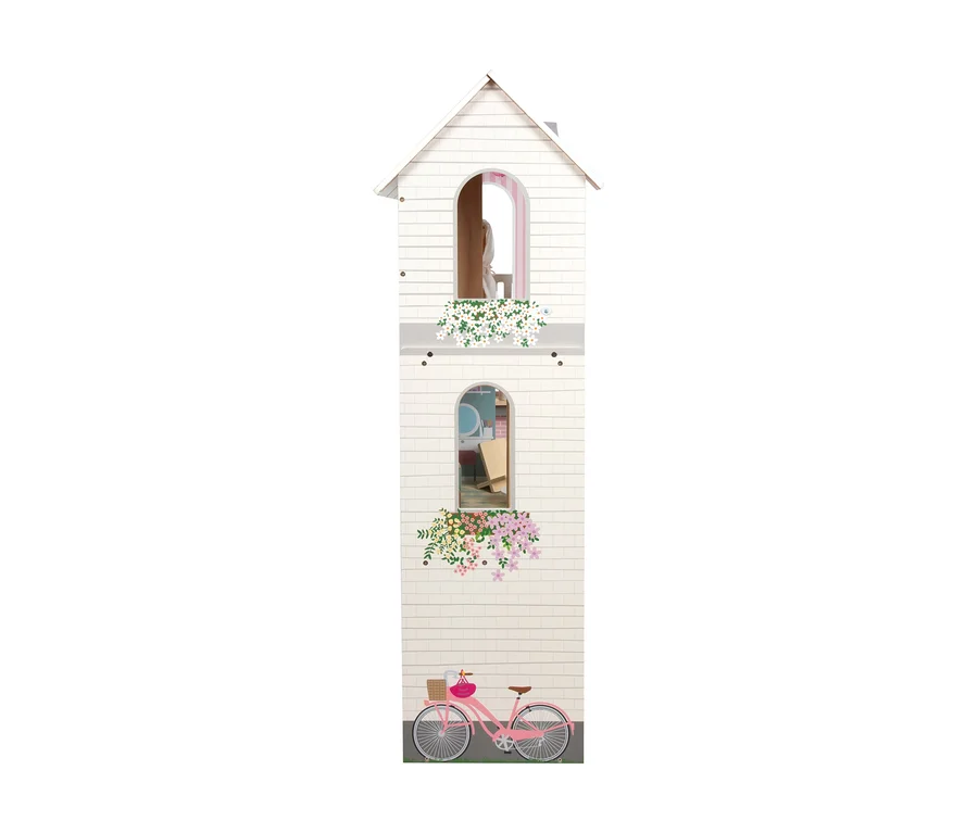 Drei Stockwerke des small foot Puppenhaus »Traumvilla XL« sind mit einem rosa Fahrrad davor abgebildet.