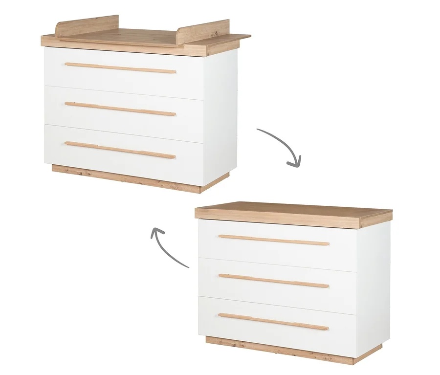 Roba Lumo Wickelkommode, weiß mit Holzdetails, oben als Wickeltisch mit abnehmbarem Aufsatz, unten als Kommode mit drei Schubladen.