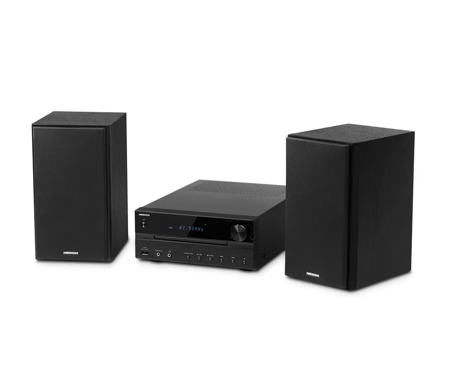 Schwarzes MEDION®-LIFE®-P64262-Micro-Audio-System mit zwei Lautsprechern.