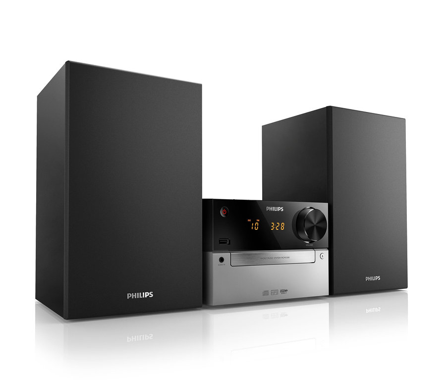 Schwarze Philips Mini-Stereoanlage MCM2300 mit zwei Lautsprechern.