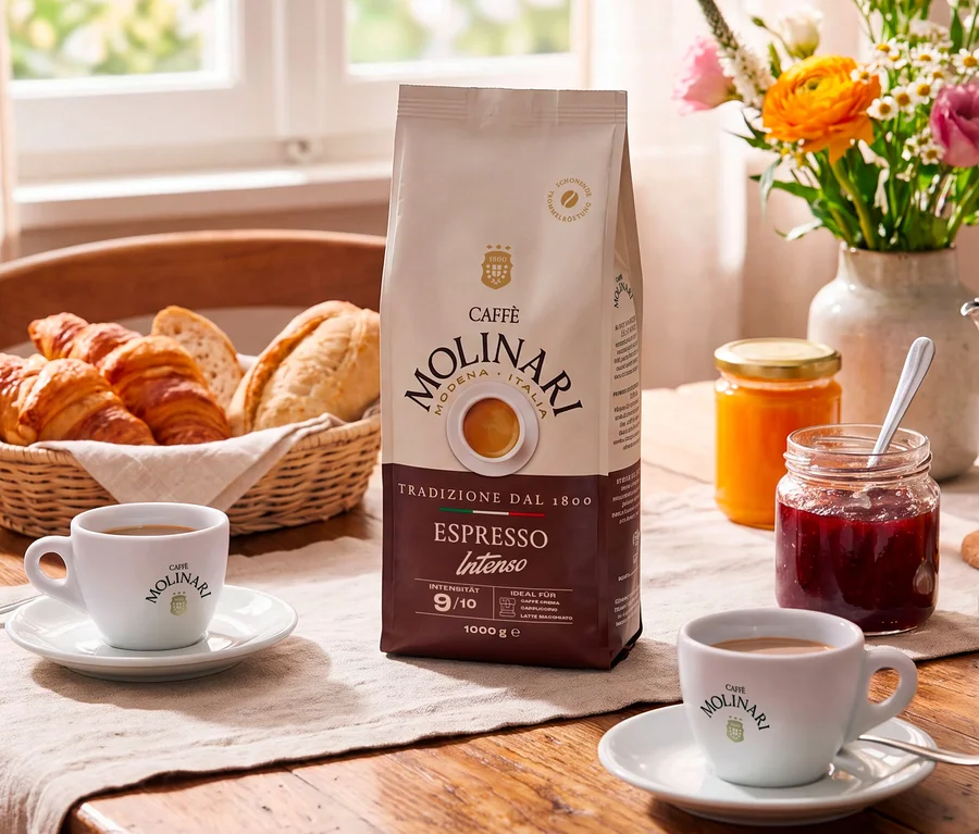 Ein Frühstückstisch mit einer 1 kg Packung Caffè Molinari Espresso Intenso Kaffeebohnen, zwei Tassen Kaffee, einem Korb mit Croissants und Brötchen, zwei Gläsern Marmelade, einer Mokkakanne und einem Blumenstrauß.