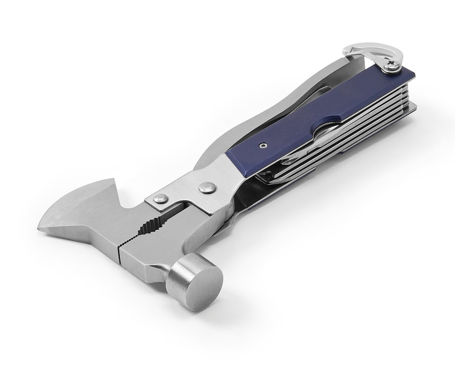 Kombinationswerkzeug mit Hammer, Zange und blauem Griff auf weißem Hintergrund.