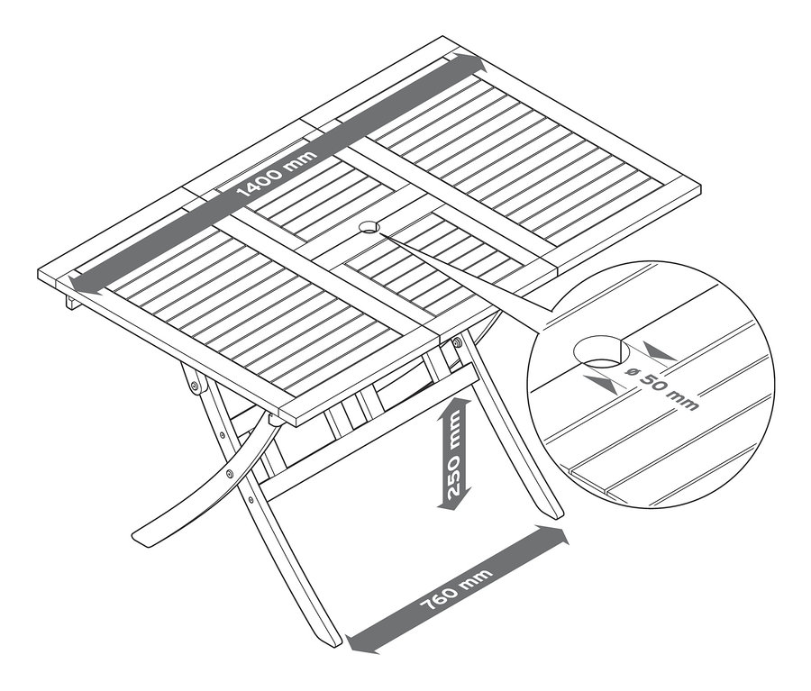 Illustration eines Ausziehtischs, klappbar mit Abmessungen.