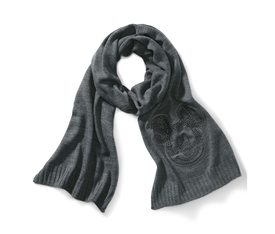 Grauer Strickschal »Disney« mit Mickey Mouse Motiv am Ende.