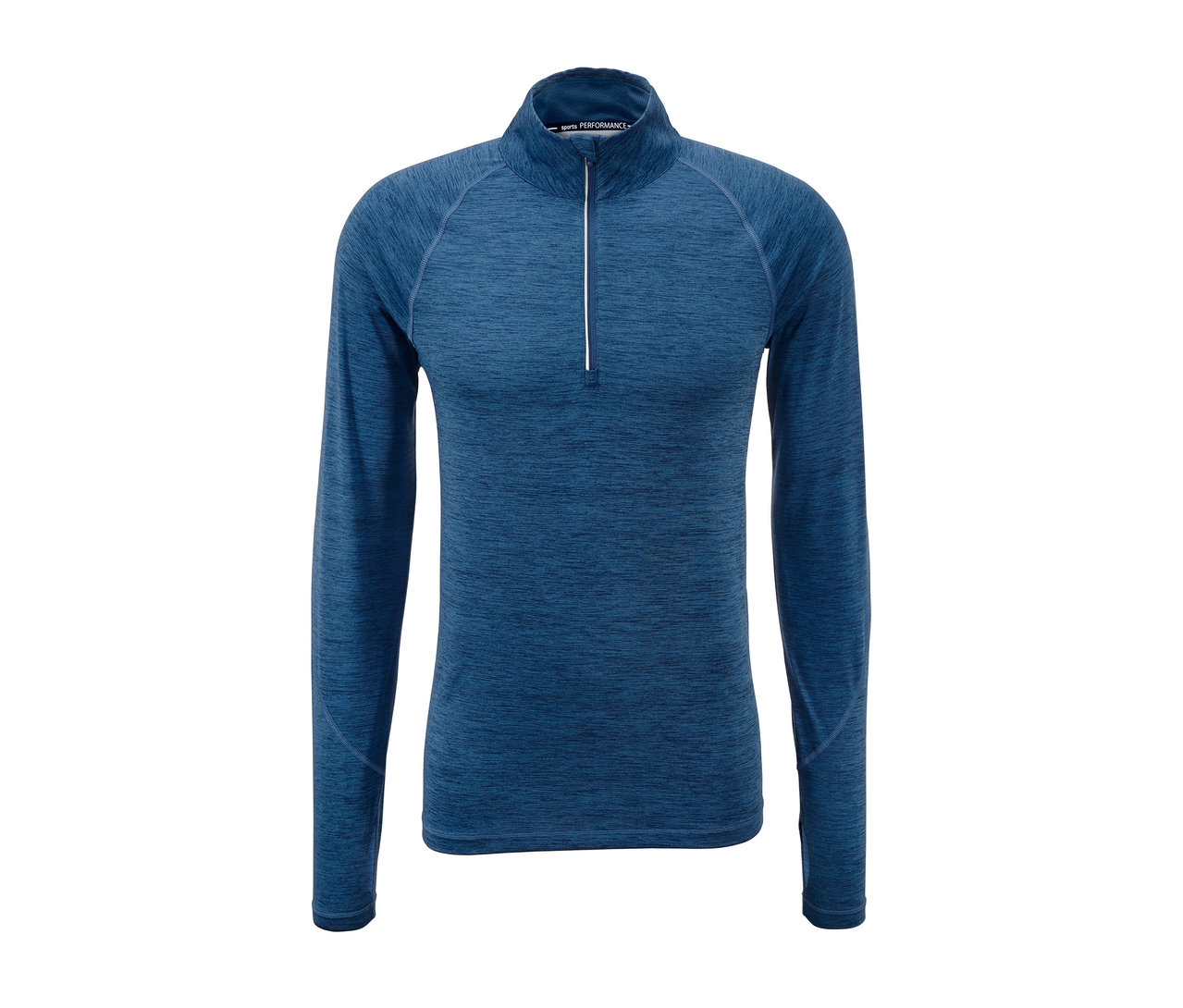 Blaues Laufshirt mit langen Ärmeln und kurzem Reißverschluss.