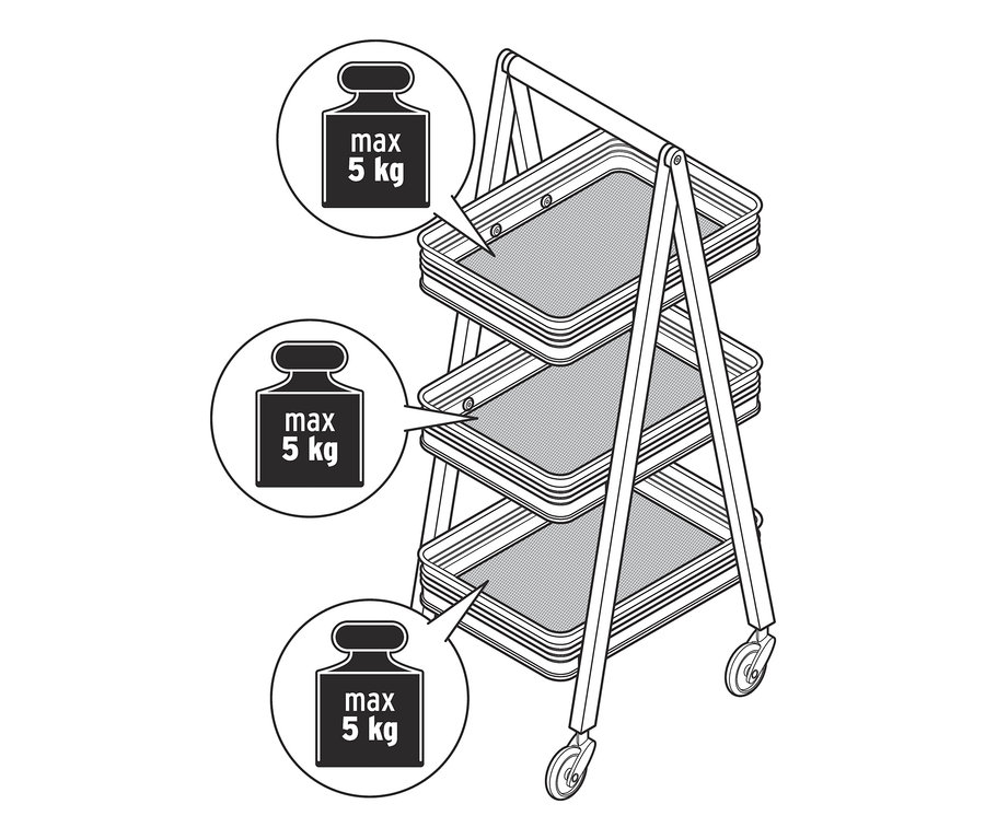 Illustration eines Küchen-Servierwagens mit drei Ablagen.