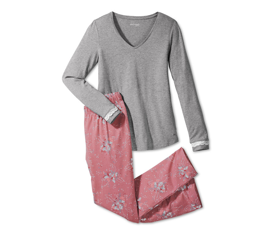Grauer Pyjama mit langen Ärmeln und rosafarbene Blumenhose.