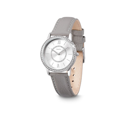 Damenuhr mit Lederarmband auf weißem Hintergrund.