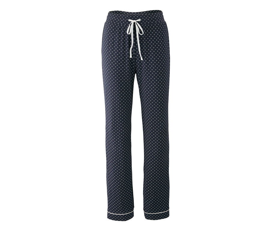 Eine marineblaue Pyjamahose mit weißen Punkten und Kordelzug.