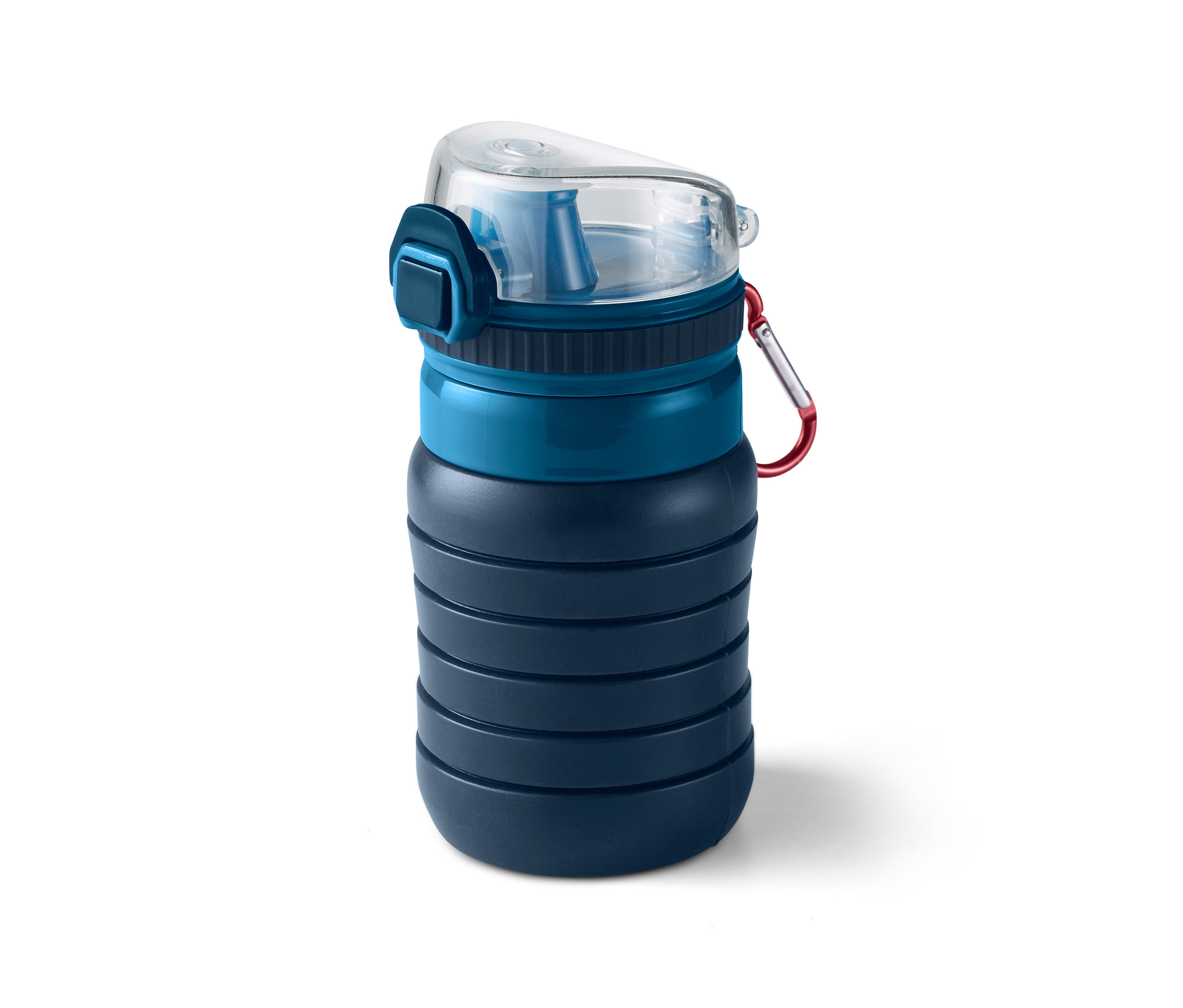 Eine blaue, faltbare Trinkflasche mit einem roten Karabiner.