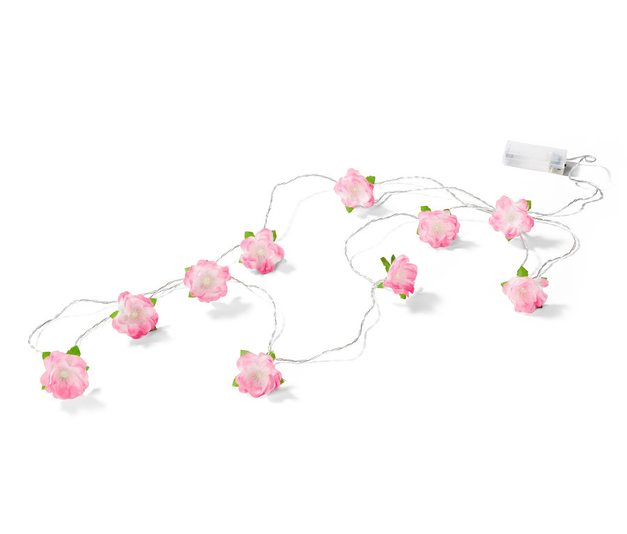 Eine LED-Lichterkette mit rosa Blüten auf weißem Hintergrund.