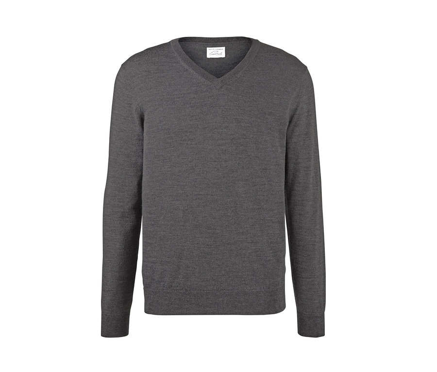 Grauer Merino-Pullover mit V-Ausschnitt.