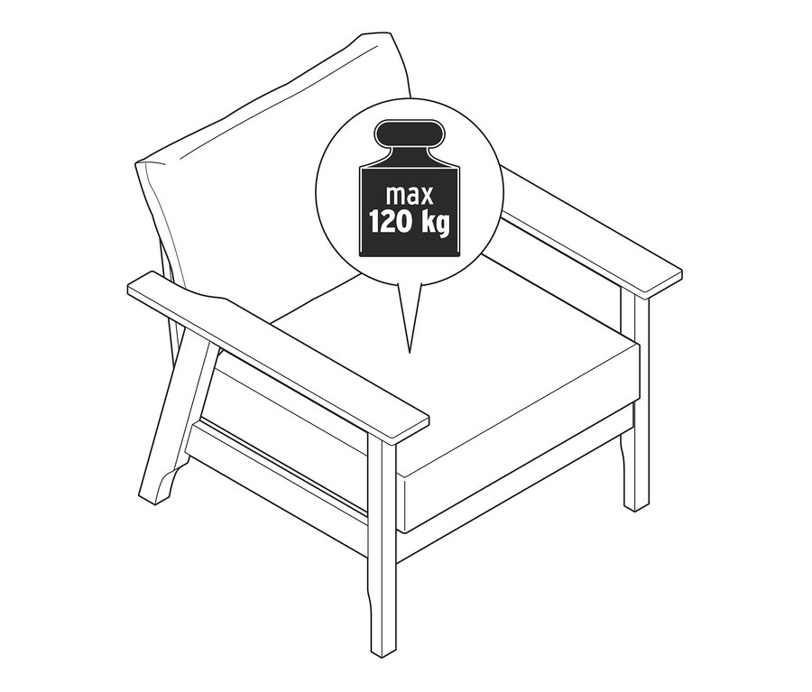 Zeichnung von einem Einzelsessel aus Eschen-Massivholz. Auf dem Sessel befindet sich eine Sprechblase mit dem Text max. 120 kg.