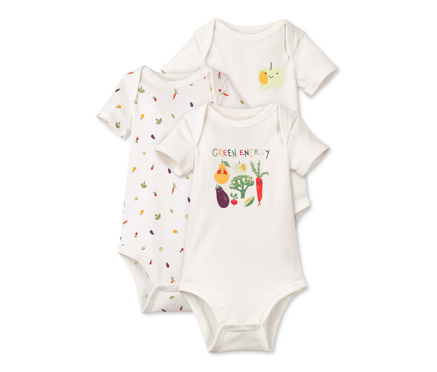 Drei kurzärmelige Bodys mit Gemüseaufdruck.