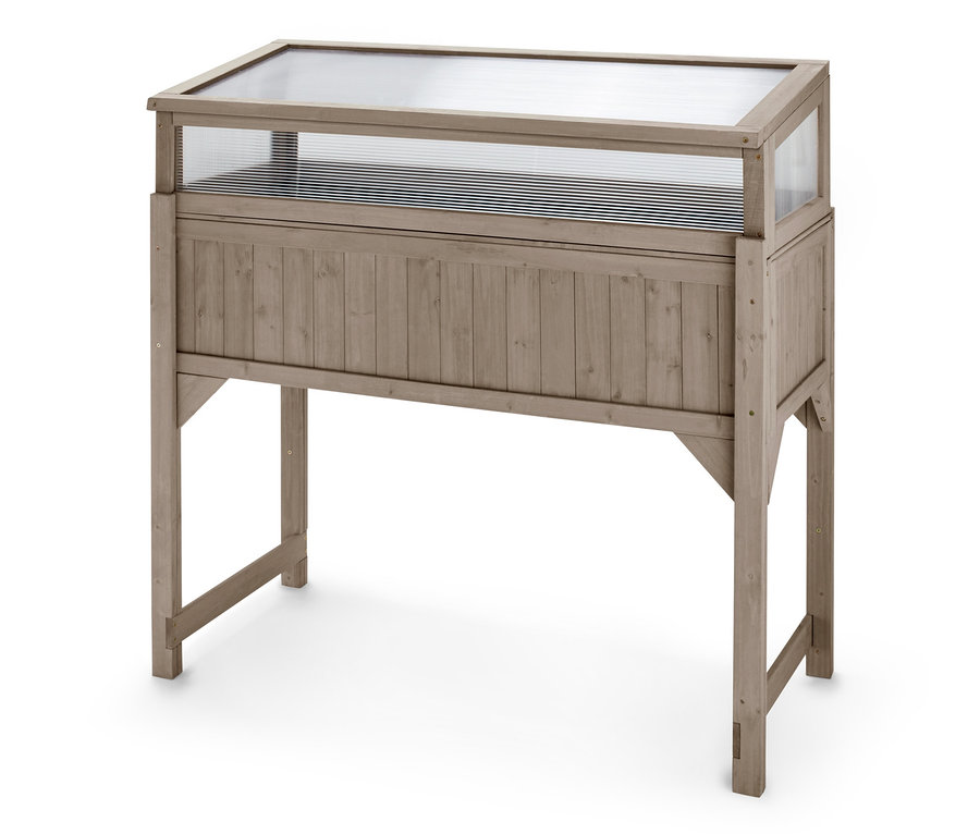 Ein Hochbeet »Jonte« mit abnehmbarem Frühbeetaufsatz steht auf einem weißen Hintergrund.