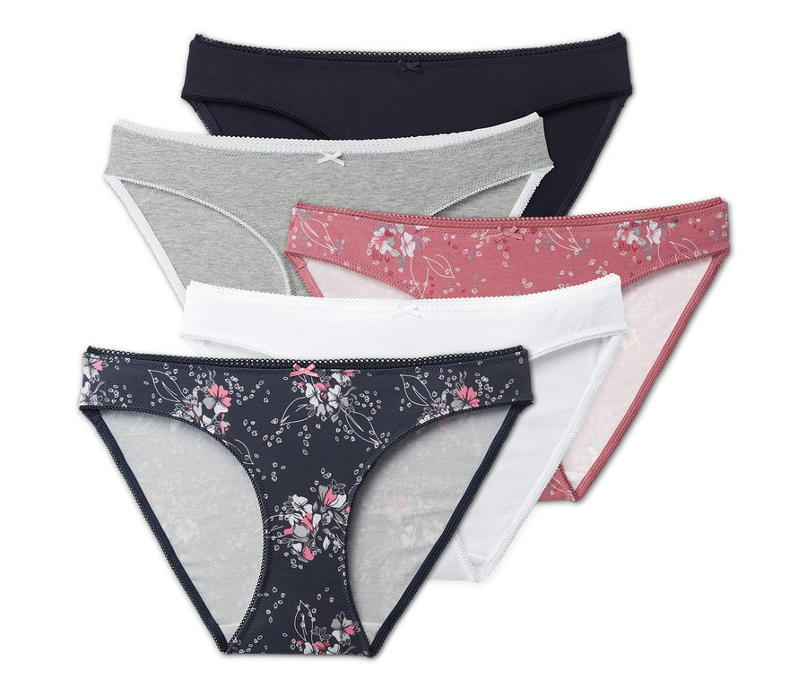 Fünf Slips in verschiedenen Farben und Mustern.