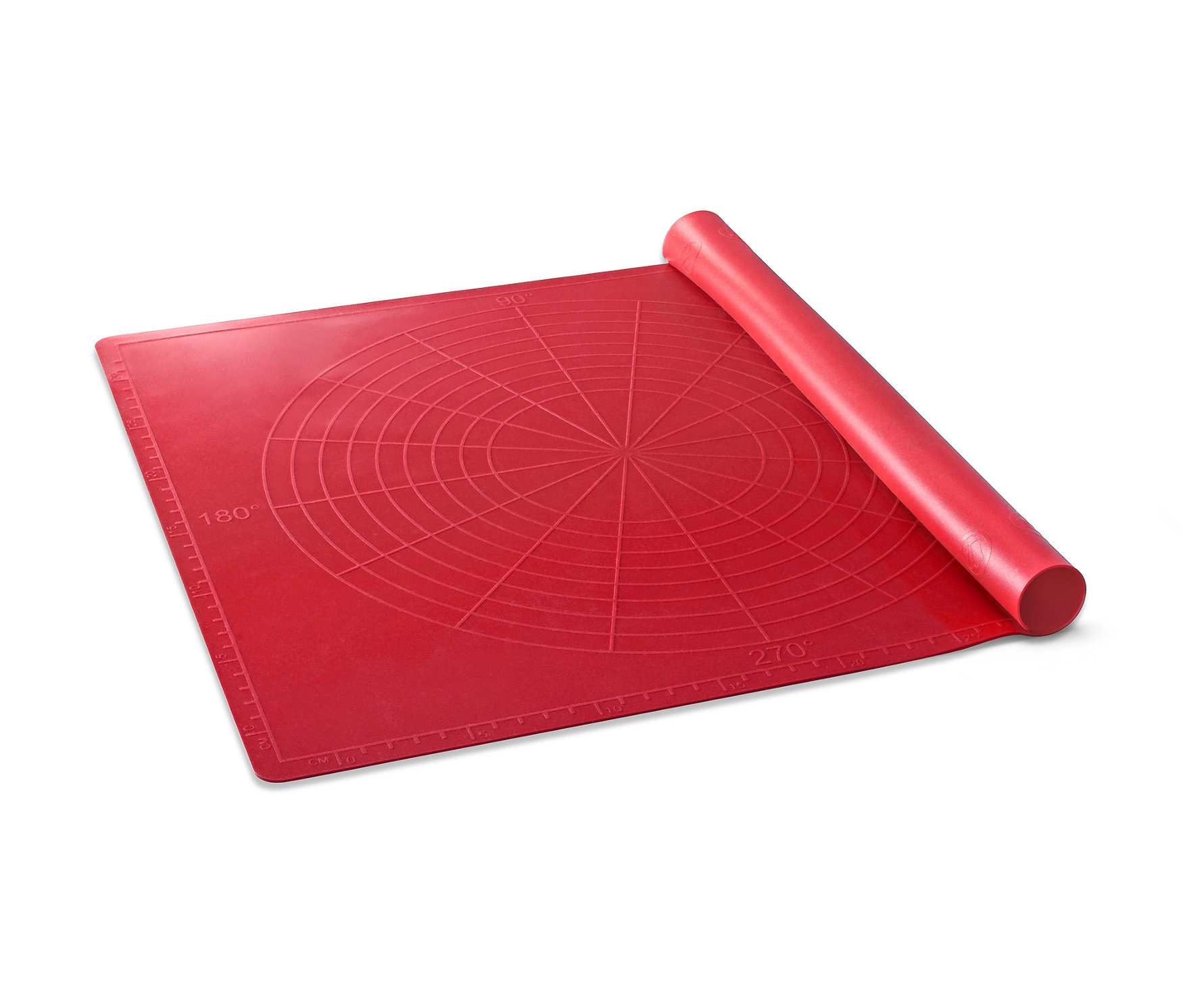 Eine rote Dauerbackmatte mit einem Nudelholz.