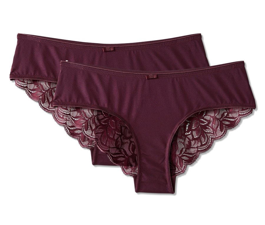 Zwei bordeauxrote Brazilslips mit Spitze.