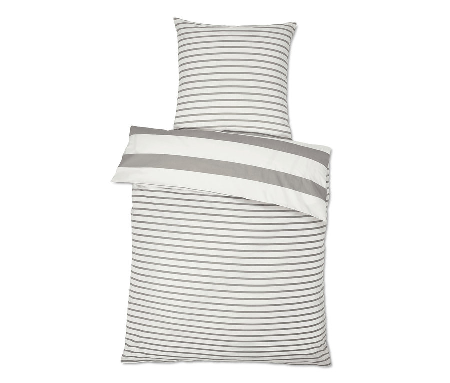 Weiße Perkal-Bettwäsche mit grauen Streifen, inklusive Kissenbezug.