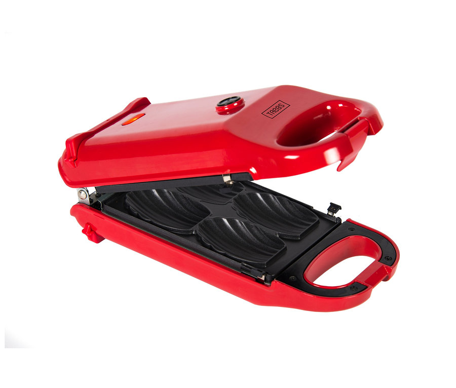Roter 6-in-1-Snackmaker mit geöffnetem Deckel und vier Formen.