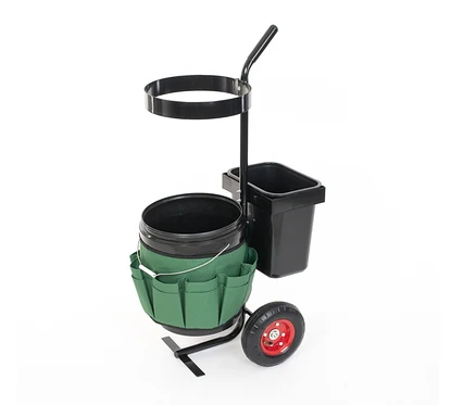 Universal-Garten-Trolley mit Rädern, grünem Stoffkorb und schwarzem Plastikbehälter.