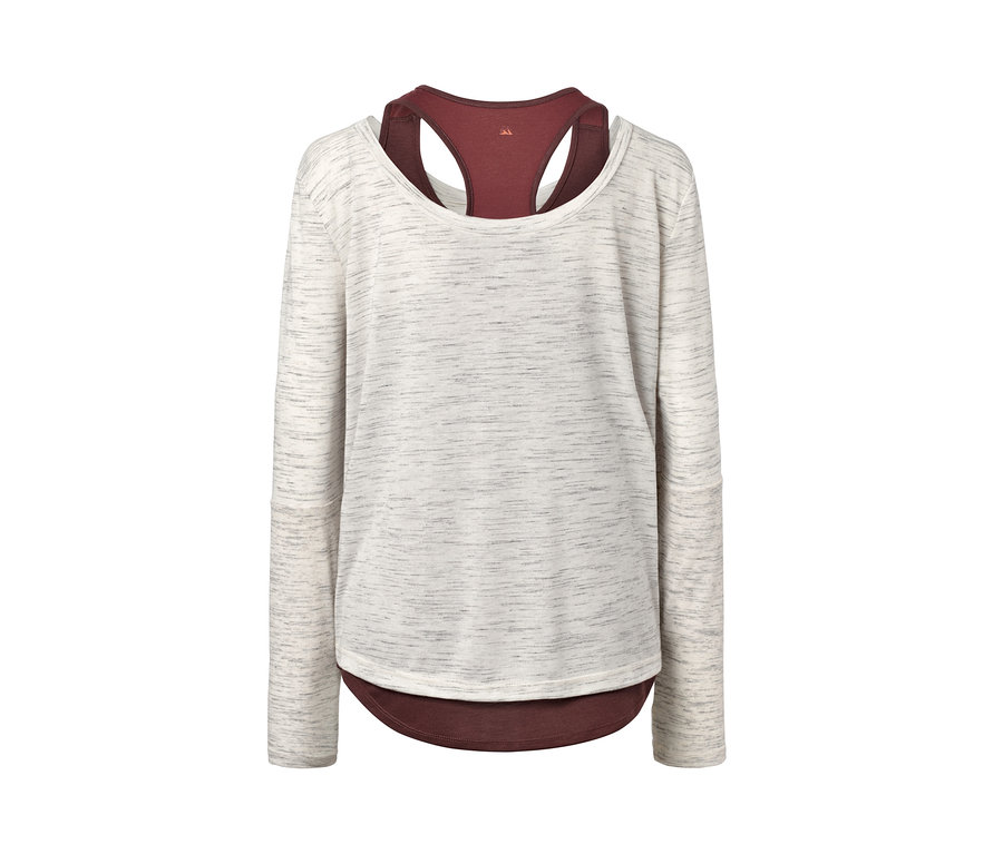 2-in-1-Sportshirt, beige meliert und dunkelrot.