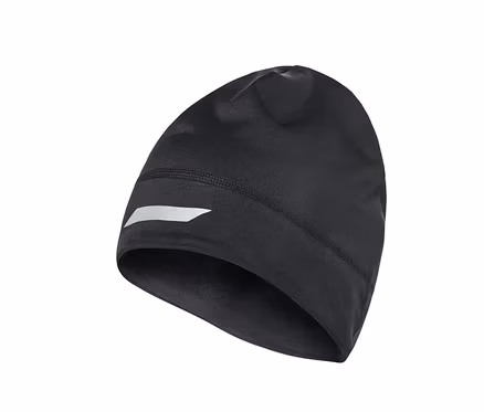 Schwarze Thermo-Funktionsmütze mit Reflektorprint.