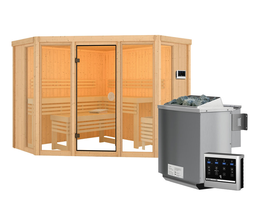 Eckansicht der Karibu Sauna »Rachel 2« im Set mit 9-kW-Bio-Ofen und Bio-Steuerung.