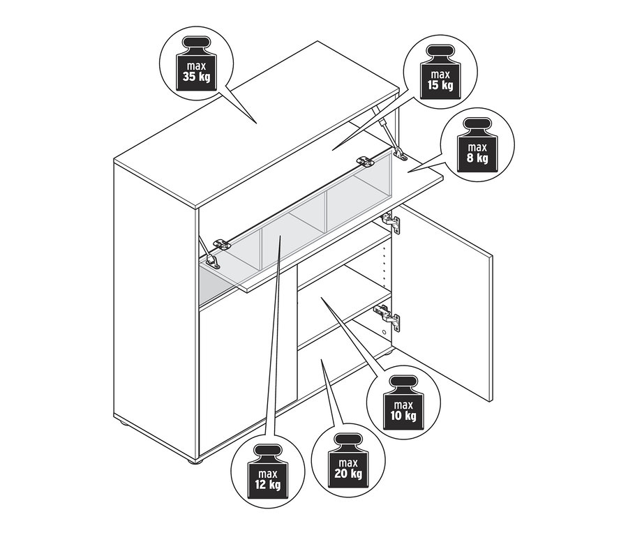 Zeichnung eines Highboards mit offenen Türen und maximalen Gewichtsgrenzen für die Regale.