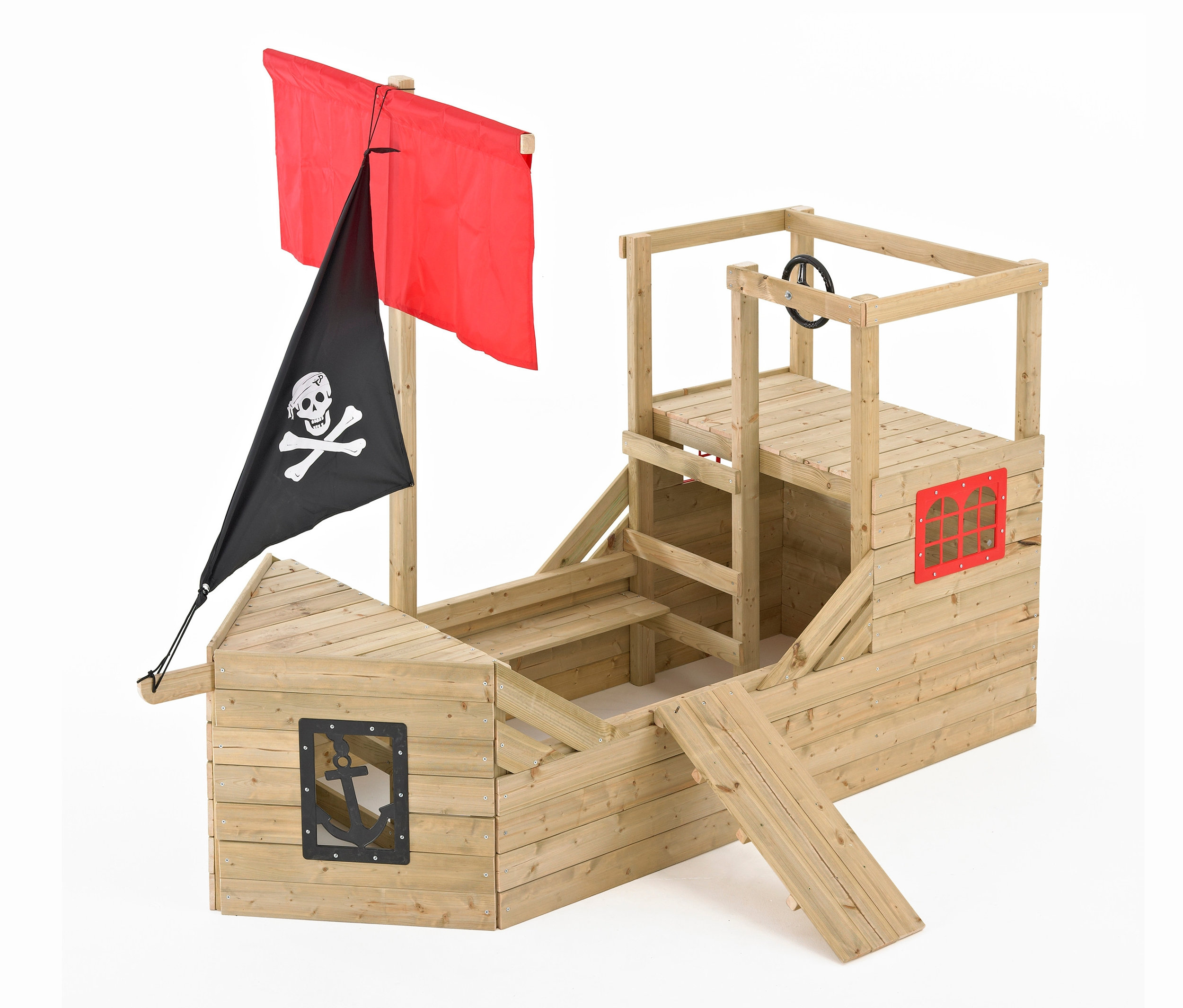 TP Toys Holz-Piratenschiff-Spielplatz »Galleon« mit schwarzer Flagge mit Totenkopf und gekreuzten Knochen und rotem Segel.