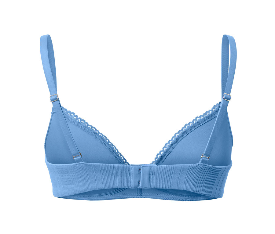 Hellblauer Softschalen-BH aus Rippe, Rückansicht.