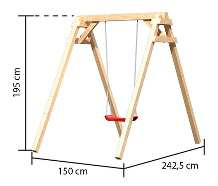 Abmessungen der Karibu-Einzelschaukel »Felix« werden mit bemaßten Linien dargestellt.