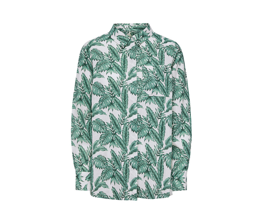 Weisse Hemdbluse mit grünem Blätterprint.