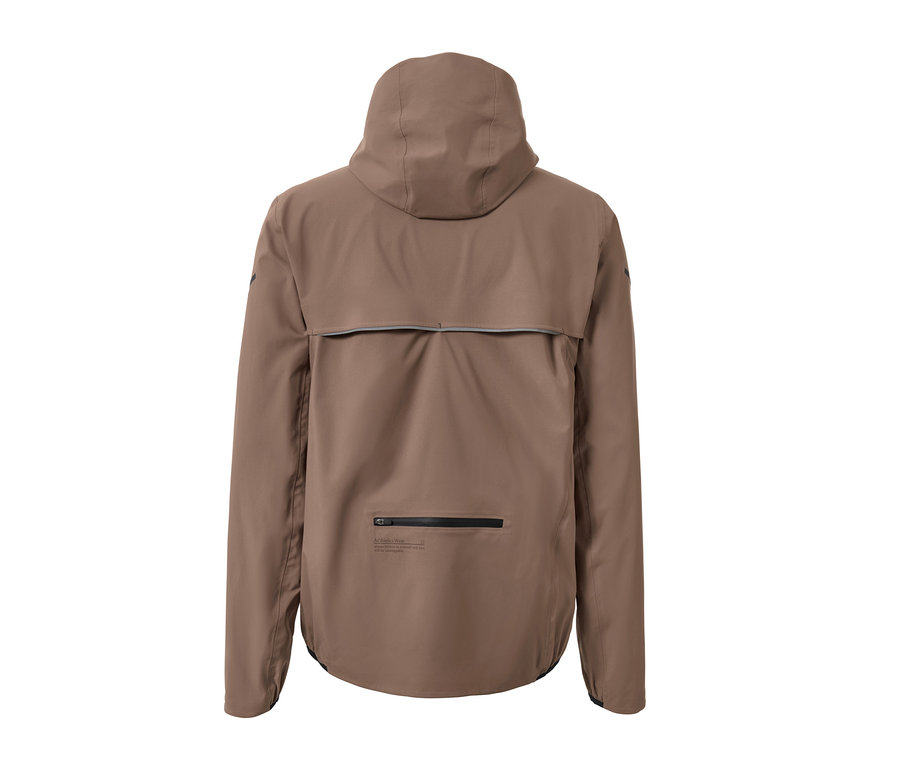 Braune Regen-Laufjacke mit Kapuze und Reflektorstreifen.