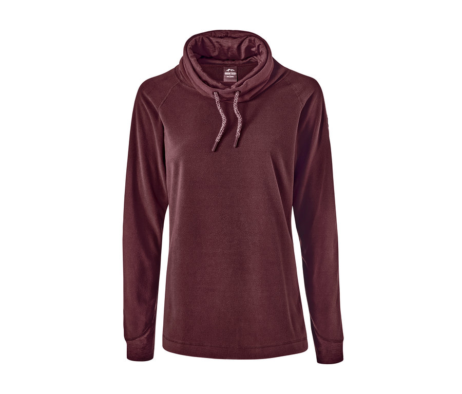 Ein burgunderroter Fleecepullover mit Kragen.