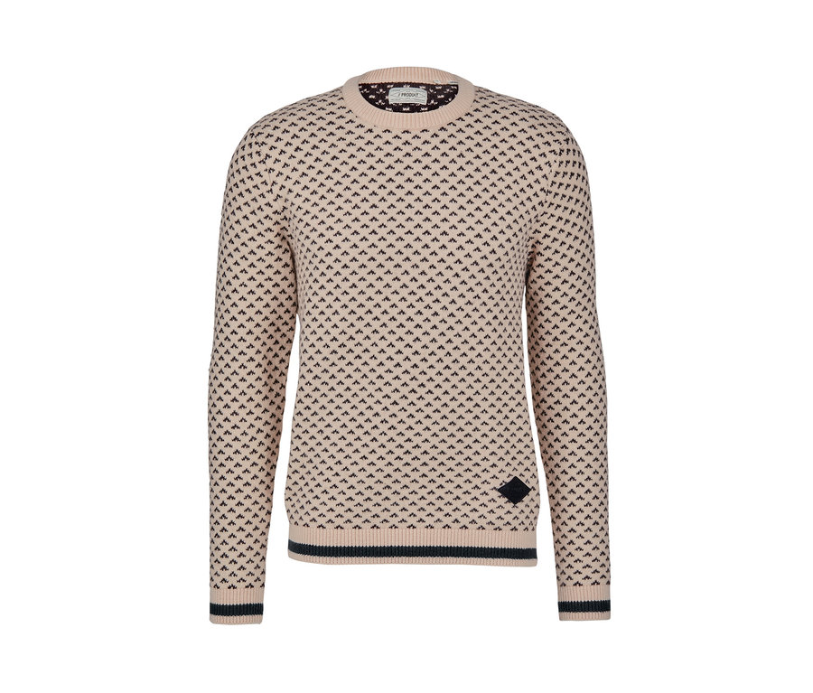 Ein beiger Strickpullover mit dunkelblauem Muster.