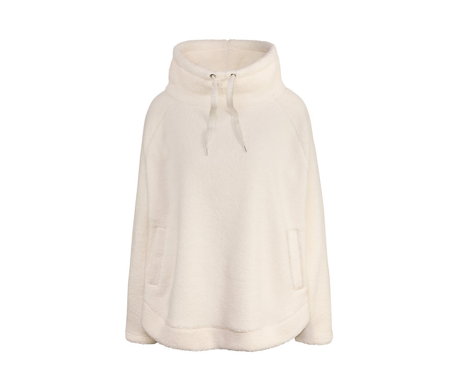 Ein cremefarbener Kuschel-Sweater mit Kapuze und Kordelzug.