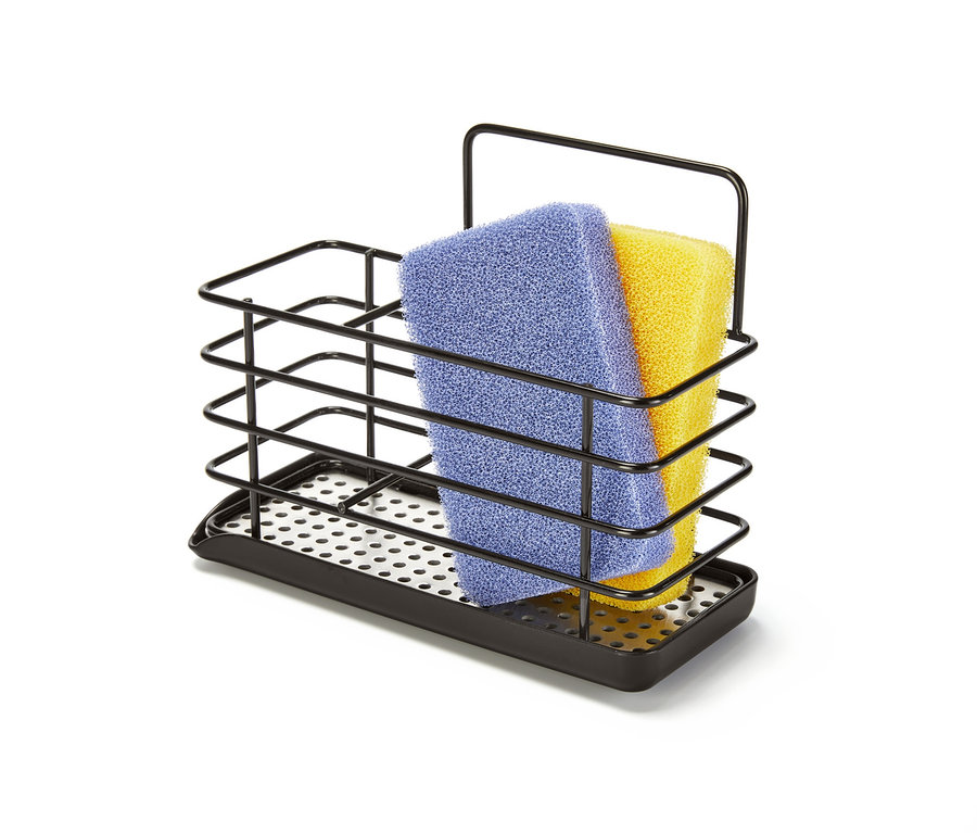Ein schwarzer Spülutensilien-Ständer aus Metall mit blauem und gelbem Schwamm.