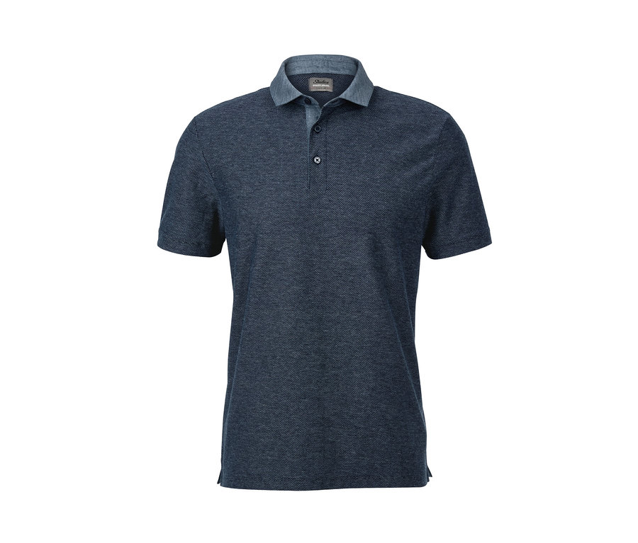 Ein dunkelblaues Jacquard-Poloshirt mit kurzen Ärmeln.