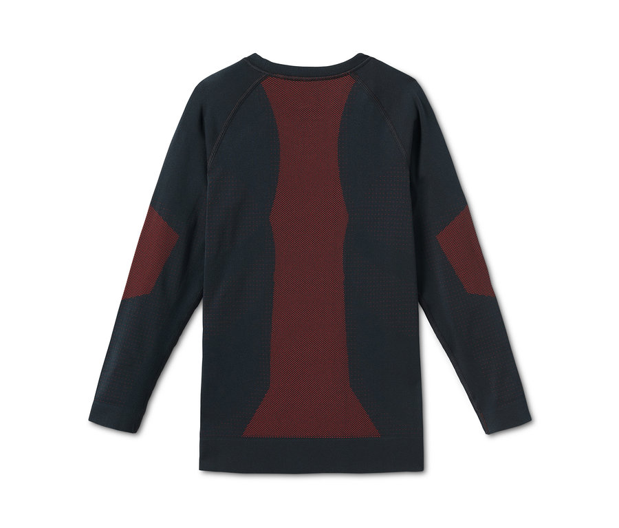 Dunkelblaue Seamless-Funktionsunterwäsche mit langen Ärmeln und roten Einsätzen an Schultern und Rücken.