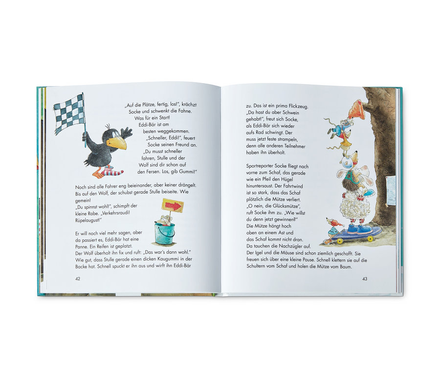 Geöffnetes Buch mit Illustrationen aus dem Buch »Lustige Vorlesegeschichten vom kleinen Raben Socke«.