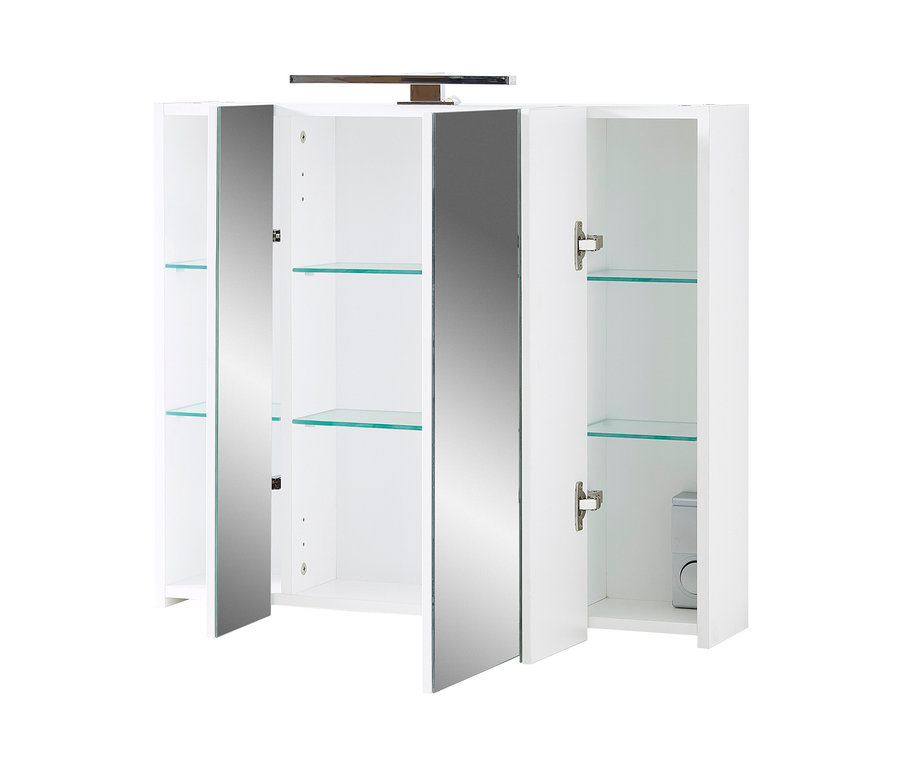 Geöffneter weißer Spiegelschrank »PESCARA« mit Glasböden.