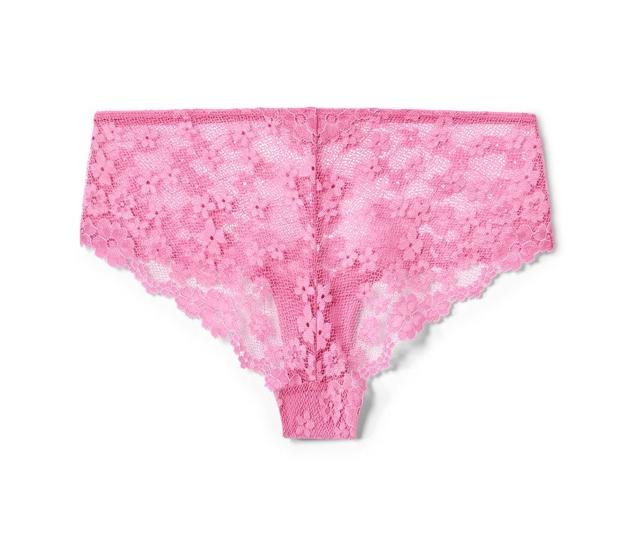 Eine rosafarbene Spitzen-Panty auf weißem Hintergrund.