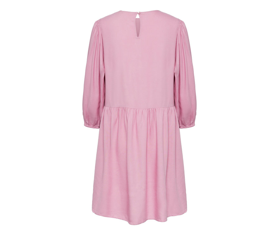 Rosa Webkleid mit langen Ärmeln von hinten.