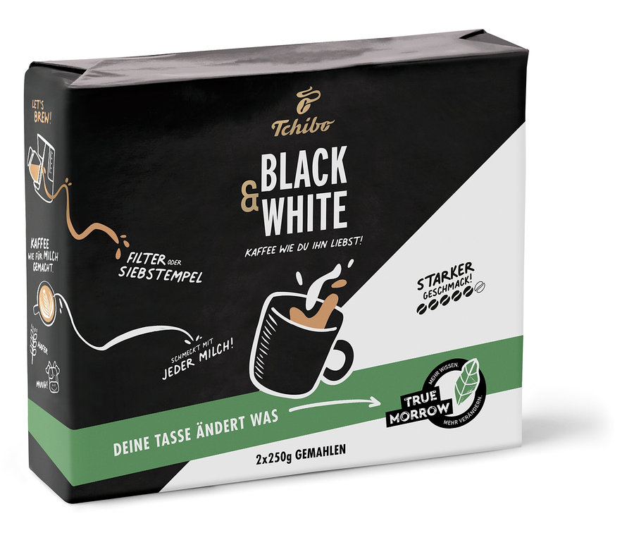 Eine Packung BLACK & WHITE - 2x250 g Gemahlen von Tchibo.