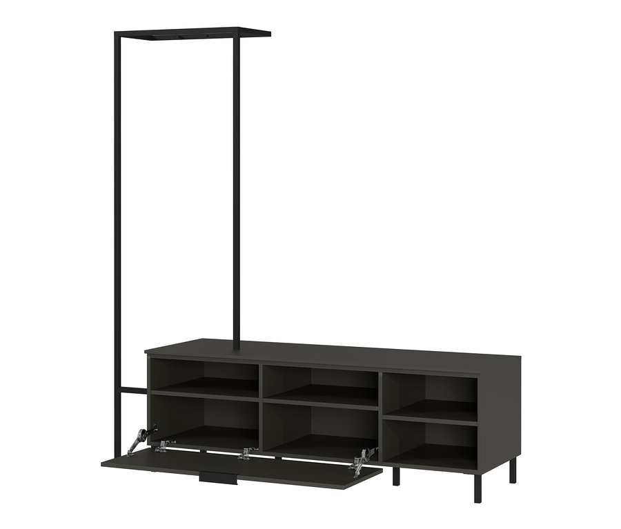 Eine graphitfarbene Garderobe mit Regalen und schwarzem Rahmen.